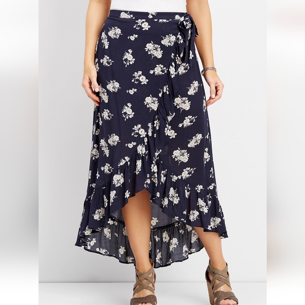 Maurices. Black floral faux wrap hig-low maxi skirt. sz S.